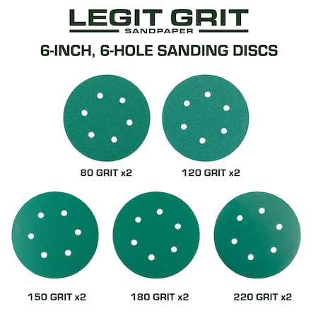 Legit Grit 6 inch Sand paper Disc, 6-Hole, Mixed Grit Sample, GRITS: 80/120/150/180/220 2 of each, 10PK LG6-6SAMP1-10